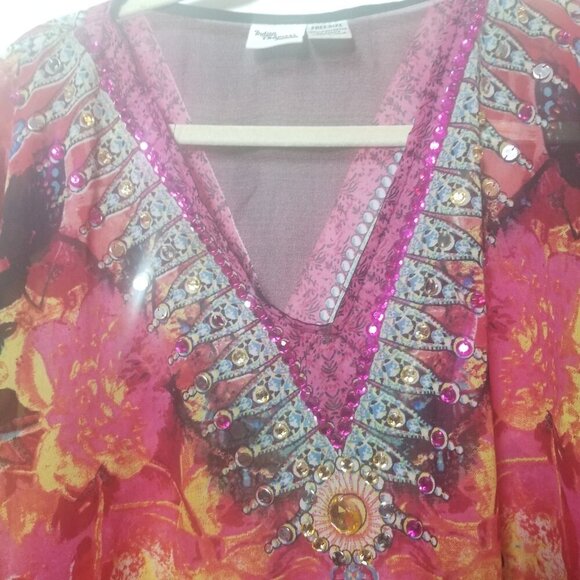 Tropical Print Women's Kaftan/ Sequin Accent Beach Cover-up One Szie - Picture 4 of 5